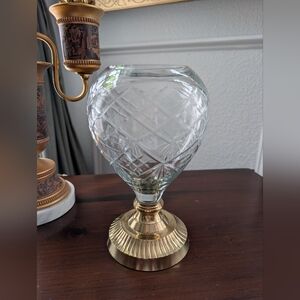Vintage Brass Etched Crystal Vase Urn Candle Holder Planter Decor 8.5 x 5.5